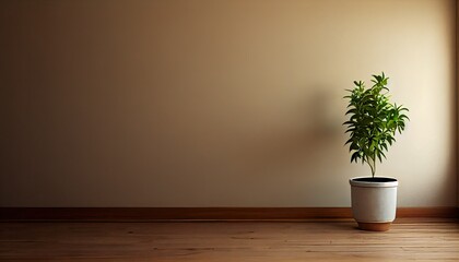 Beige Wall Empty Room Interior with Wooden Flooring and Pot Plant for Background