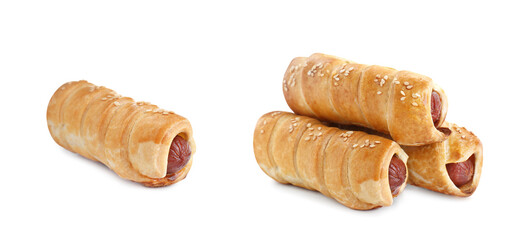 Collage of tasty sausages in dough on white background