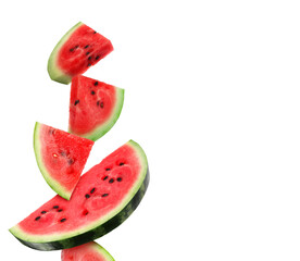 Collage with cut watermelon on white background. Space for text
