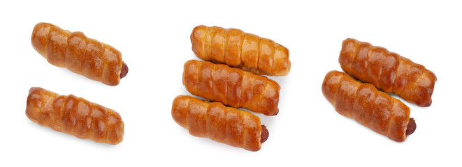 Collage of tasty sausages in dough on white background, top view