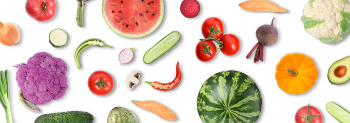 Collage with many vegetables and fruits on white background, top view