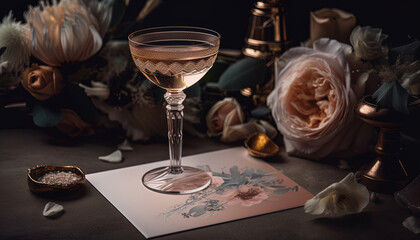 Wedding card: a romantic and elegant design with a floral illustration and a champagne glass