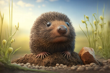 A Cute Mole animal makes mole hills and tunnels in the garden to enjoy nature, bright sky, Safe Atmosphere, HD landscape, wild animals, 4K, wildlife background, and Generative AI.