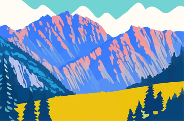 Colorful Mountain Landscape at Sunrise / Sunset Vector Illustration, Graphical Illustration