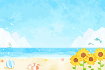 Fototapeta na wymiar ヒマワリが咲く夏の海の風景イラスト