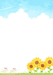 可愛いウサギとひまわり畑の風景イラスト