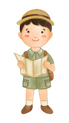 Boy scout with hiking suit hold map . Realistic watercolor paint with paper textured . Cartoon character design . Vector .