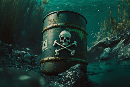 Barrel with waste under water. Ocean pollution. radioactive waste. Pollution of the environment with hazardous waste. Barrel with oil. ai generated