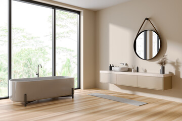 Panoramic beige bathroom corner with tub and sink
