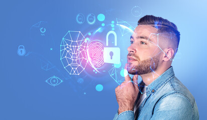 Pensive man and biometric scanning with digital lock hologram, c
