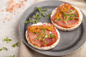 Puffed rice cake sandwiches with jerky salted meat, microgreen on gray concrete, side view, selective focus.