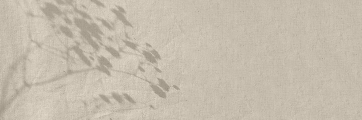 Floral sunlight shadows on neutral beige wall, aesthetic minimalist natural background, web banner design with copy space