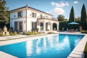 Fototapeta na wymiar Backyard Swimming Pool. Beautiful Home Exterior and Large Swimming pool on Sunny Day with Blue Sky 2. Generative AI