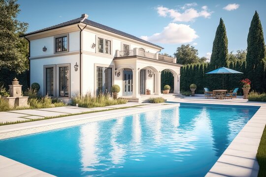 Backyard Swimming Pool. Beautiful Home Exterior and Large Swimming pool on Sunny Day with Blue Sky 2. Generative AI
