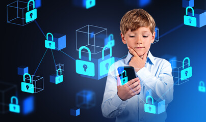 Child with phone, hand on chin, pensive portrait with padlock ho