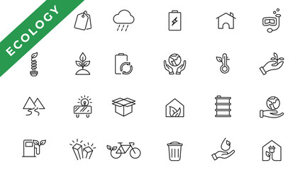 Ecology line icons set. Renewable energy outline icons collection. Solar panel, recycle, eco, bio, power, water - stock vector