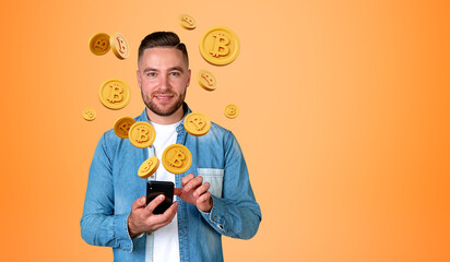 Young man using smartphone, happy portrait and bitcoins falling,