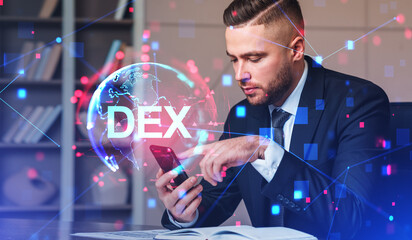 Man with smartphone, decentralized exchange interface