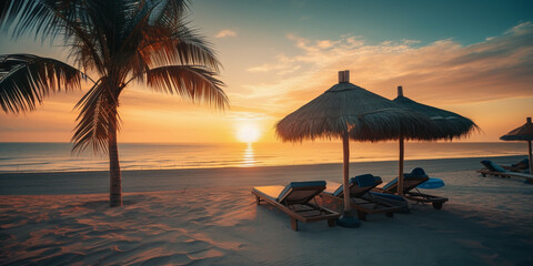Fototapeta premium Beautiful tropical sunset scenery, two sun beds, loungers, umbrella under palm tree Genetarive AI