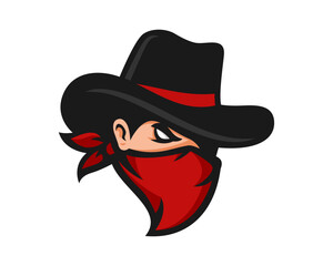 Cool bandit cowboy logo design, Western Gunslinger Bandit Wild West Cowboy Gangster with Bandana Scarf Mask - obrazy, fototapety, plakaty
