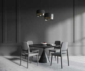 Gray dining room interior with round table