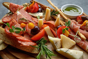 Delicious cheese and charcuterie spread on board