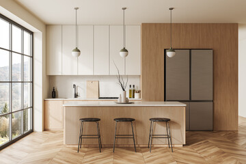 Cozy kitchen interior with bar island and cooking space, panoramic window - obrazy, fototapety, plakaty