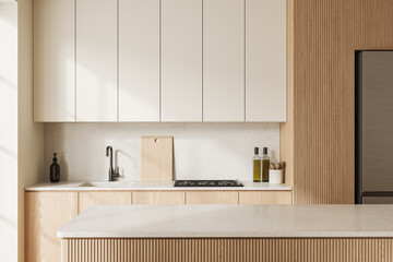 Modern kitchen interior with bar island, kitchenware and cooking space