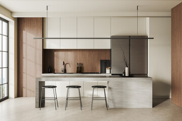 Light kitchen interior with bar island and cooking area, panoramic window