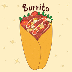 Mexican traditional food. Burrito. Vector illustration in hand drawn style