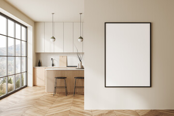 White kitchen interior with bar and poster