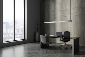 Grey consulting interior with ceo desk and laptop computer, panoramic window