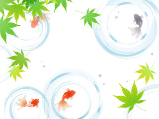 青もみじと金魚の涼しげなフレーム背景_ベクターイラスト
