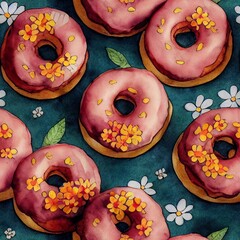 Yummy sweet donuts and flowers seamless pattern. Artistic background - 585334948