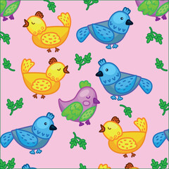 Birds spring Easter plants pattern yellow bright multi-colored