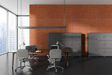 Dark coworking interior with laptop, shelves and panoramic window