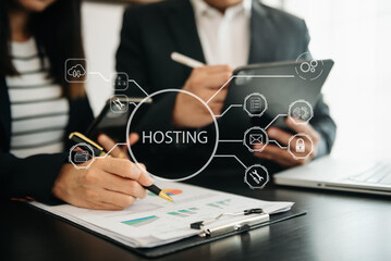 Web hosting concept, business using computer and presses his finger on the virtual screen...