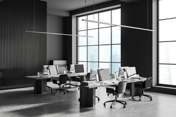 Grey office interior with pc computer and sideboard, partition and window