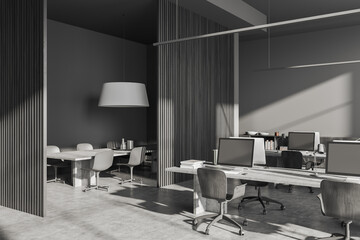 Grey office room interior with coworking and conference corner