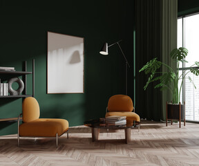Green living room corner with armchairs and poster