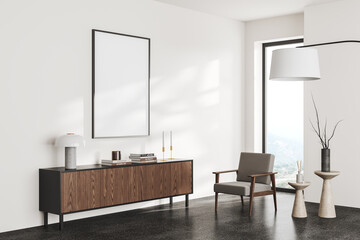 Light relax room interior sideboard and armchair near window, mockup frame