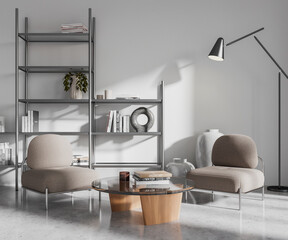 Light living room interior with armchairs and minimalist decoration on shelf
