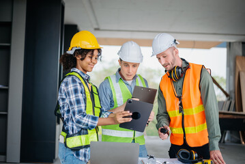 Architect caucasian man working with colleagues mixed race in the construction site. Architecture engineering on big project. Building in construction interior.