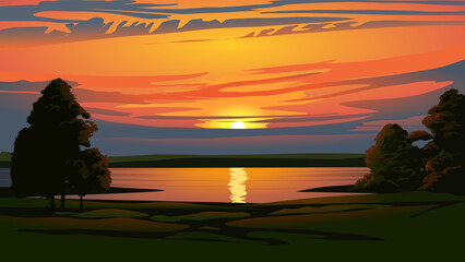 Vector sunset illustration. Beautiful orange sky over a lake with trees in the lakeside - 585335594