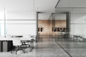 Light office room interior with coworking and conference area near window