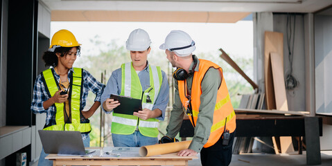 Engineers are discussing data working and laptop or tablet with architectural project at new construction site on big project..