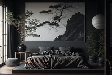 Dark Interior of a bedroom in japandi style. AI generated
