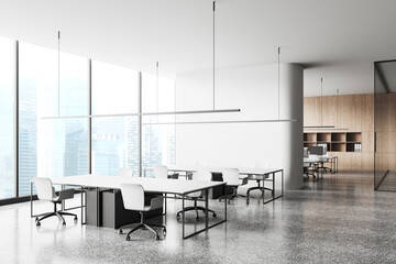 Modern office room interior with chairs and table, coworking zone and window