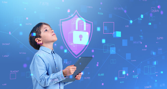 Child with tablet, looking up at glowing padlock, safe internet
