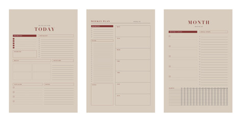  3 set of Daily, Monthly, Weekly schedule Planner. Minimalist planner template set. Vector illustration.